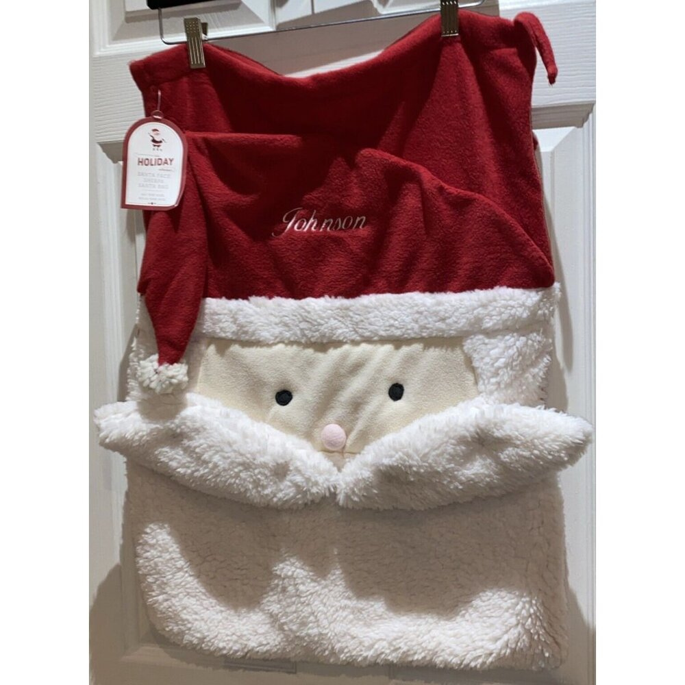 Pottery Barn Red Fleece Christmas Santa Face Sherpa Bag Monogram Johnson 24 x 20